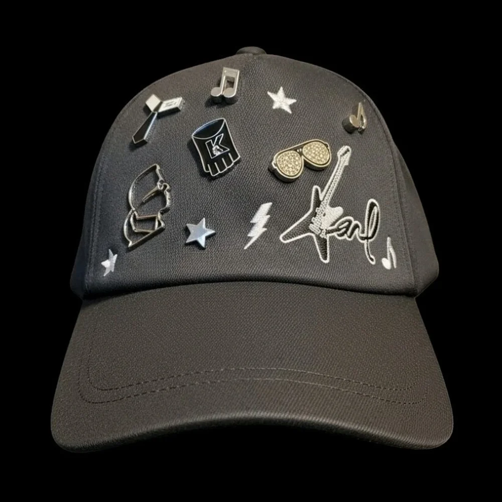 Karl Lagerfeld Rock and Roll Embellished Baseball Hat Cap Beanie - Black - Picture 3 of 16